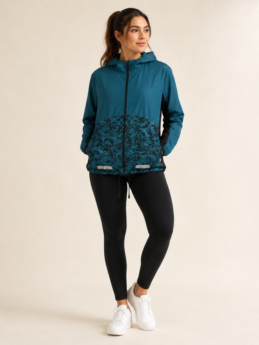 Floral-Hem Hooded Utility Jacket in Teal